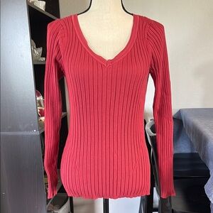 White House Black Market Women’s Size Large Ribbed Burnt Orange V Neck Sweater